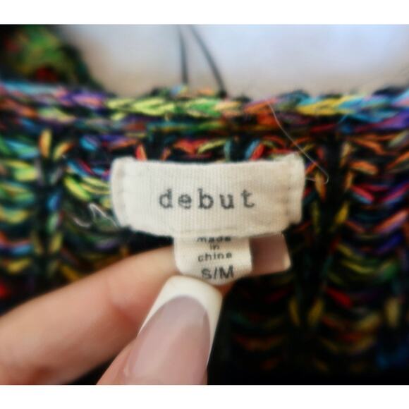 Debut Open Multi Color Midi Cardigan Sweater Black Rainbow Medium Anthropology - Picture 3 of 5